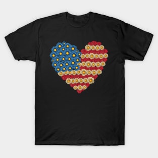 American Flag Floral Heart 4th of July Day Floral Patriotic T-Shirt